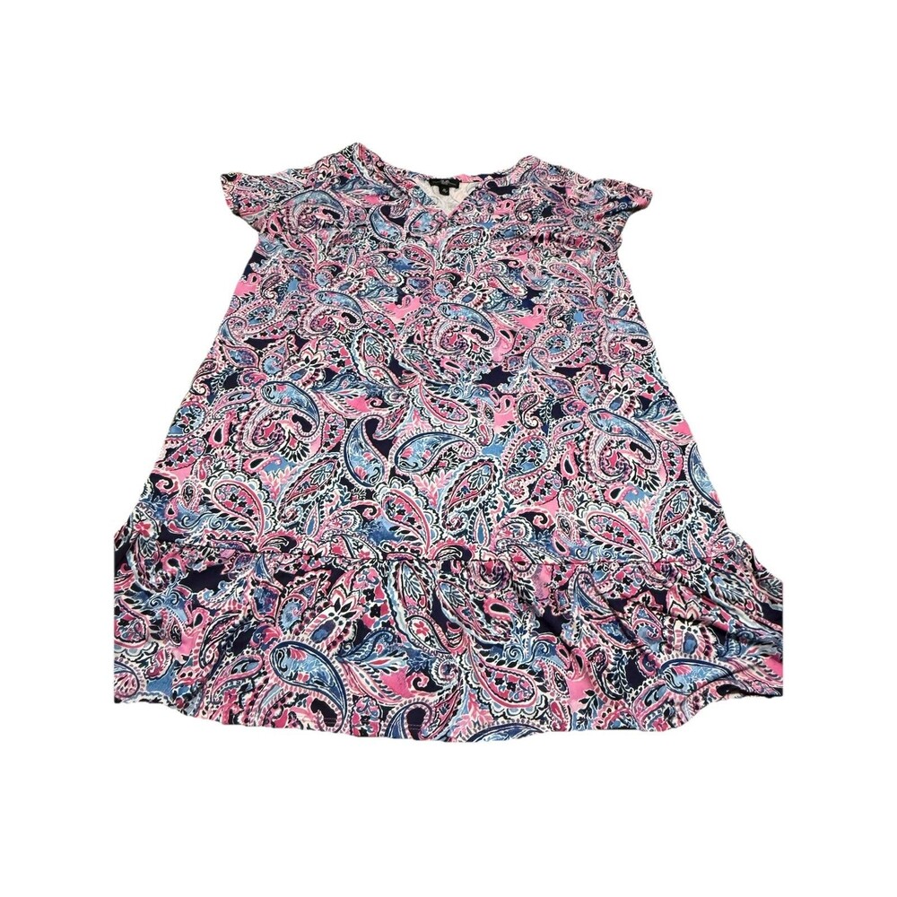 AGB Pull Over Ruffled Hem Pink Blue Paisley Short Sleeve Dress Size 1X Spandex